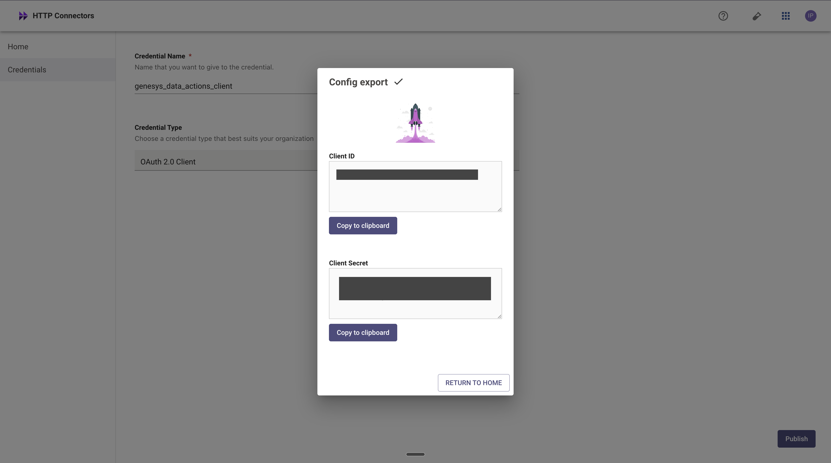 The generated client ID and client secret are shown once after saving. Store them securely.