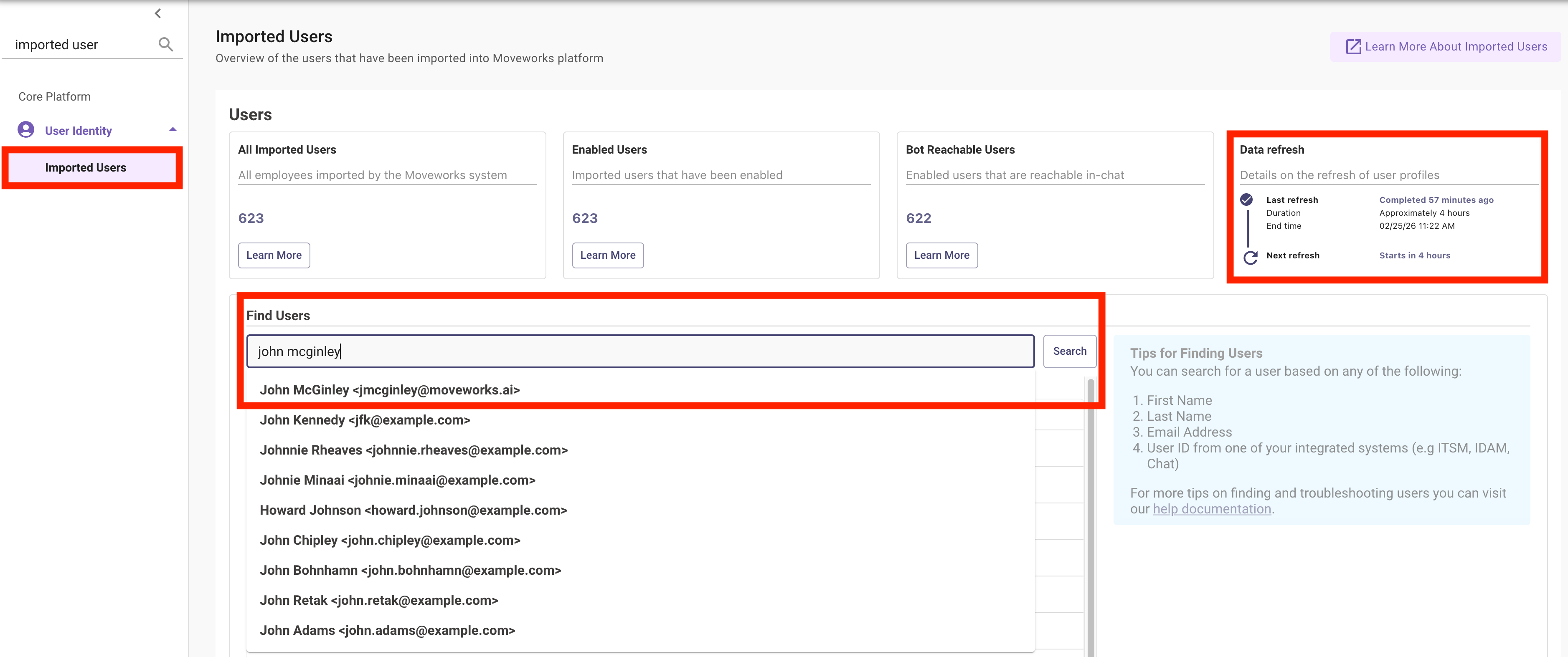 Imported Users page showing the ingested roster with enabled and bot-reachable counts