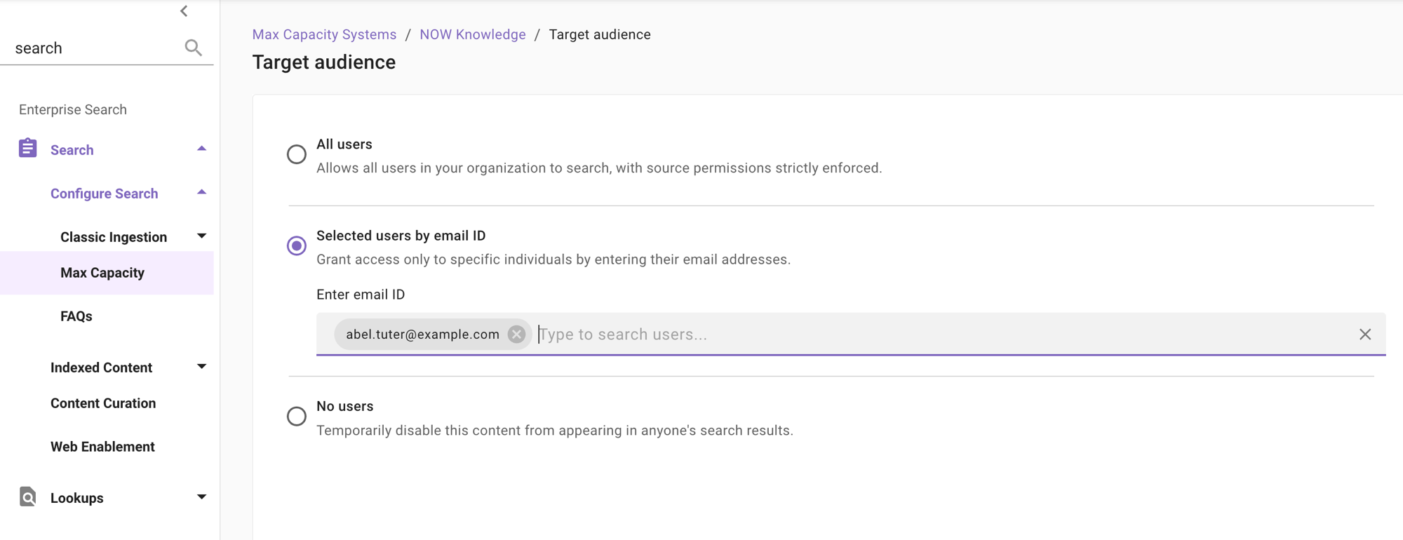 Target audience step for a knowledge source with Selected users by email ID chosen and an allowlisted email entered