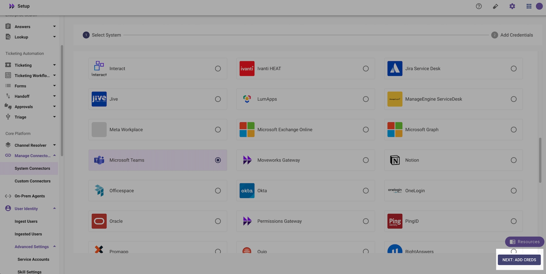 Microsoft Teams connector page with NEXT: ADD CREDS button highlighted