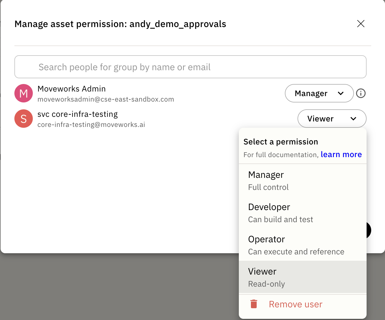 Asset access role picker listing Manager, Developer, Operator, and Viewer roles