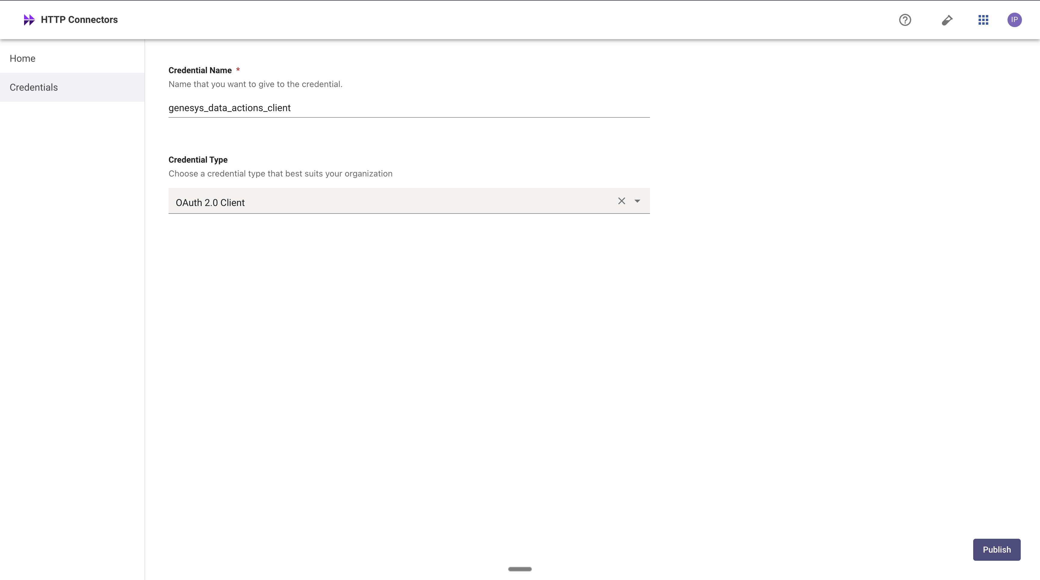 OAuth 2.0 Client credential: a name and the credential type are all that is needed before publishing