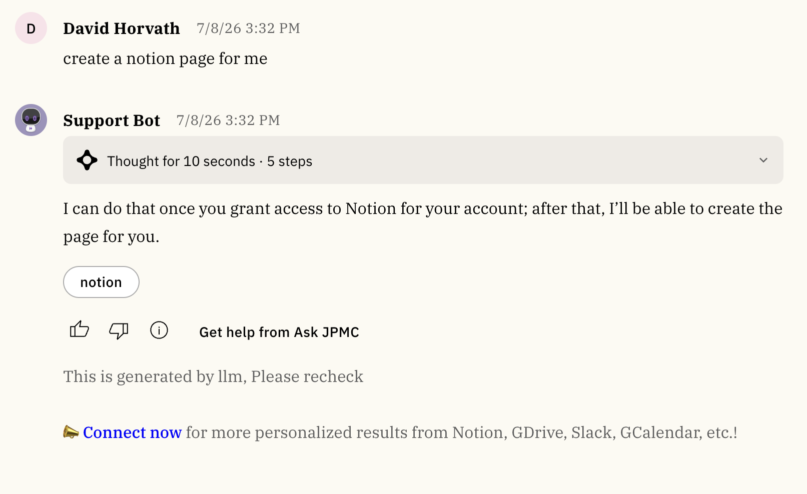 Example conversation in which the assistant asks a user to connect an app before completing a request.