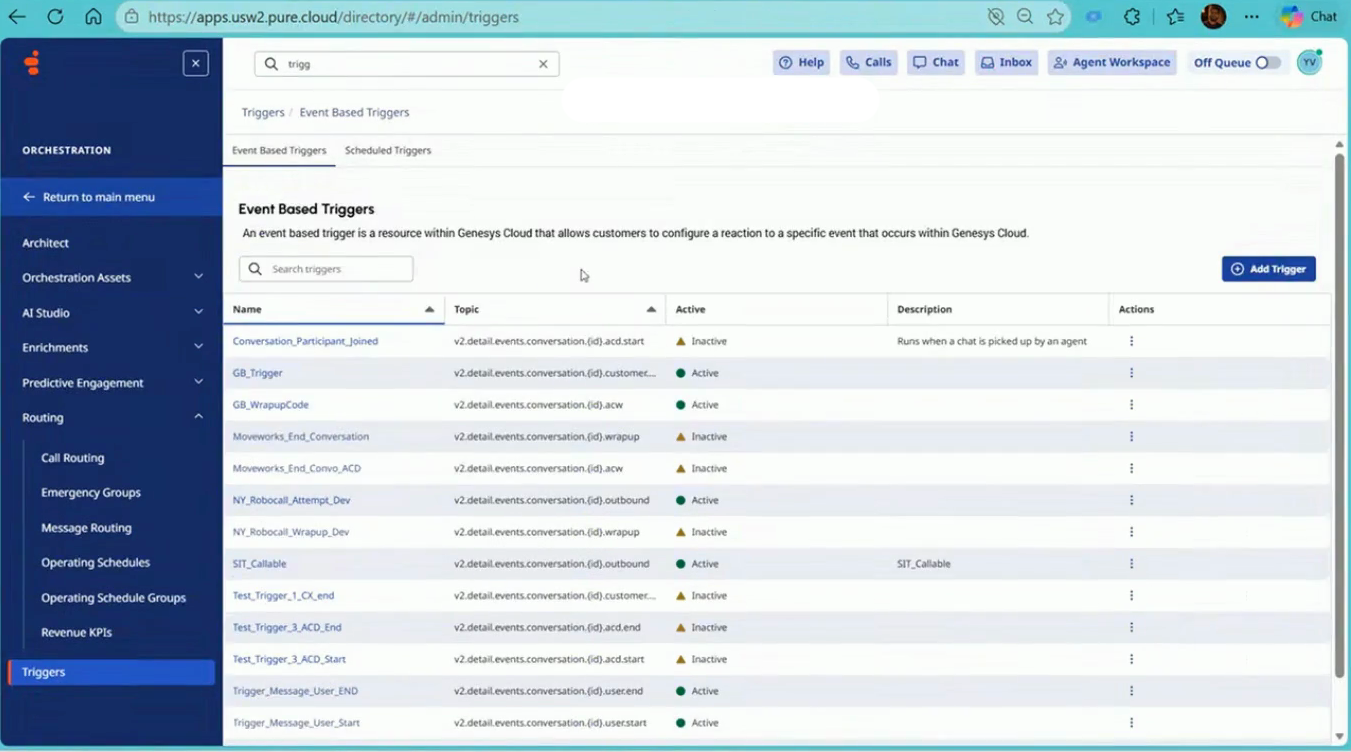 Event Based Triggers list with the user.start and user.end triggers active