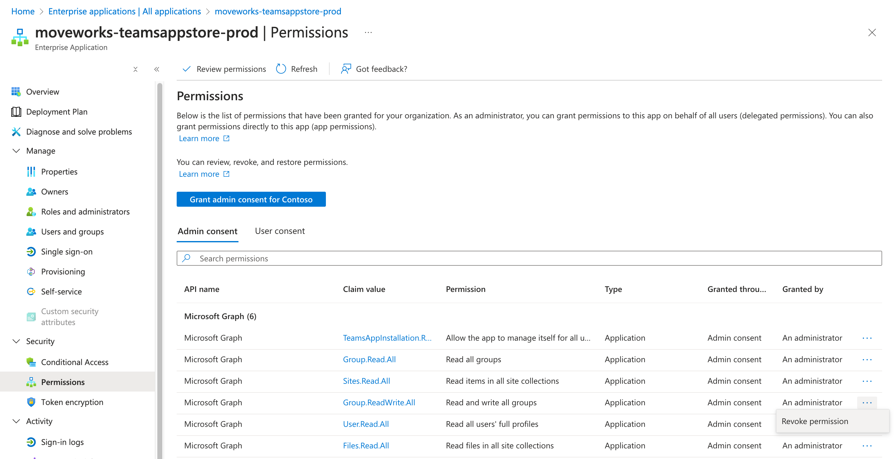 Remove permission menu in Azure Portal