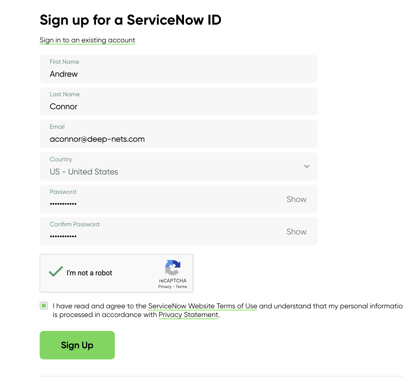 Sign up and Start Building button on the ServiceNow Developer landing page
