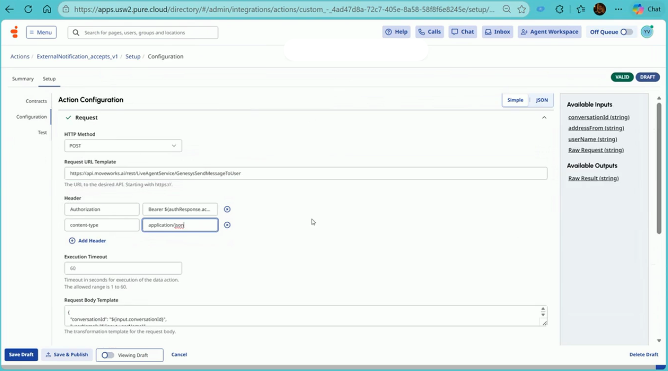Agent-accepted data action configuration: POST to the Moveworks webhook URL with the Bearer authorization header and JSON body template