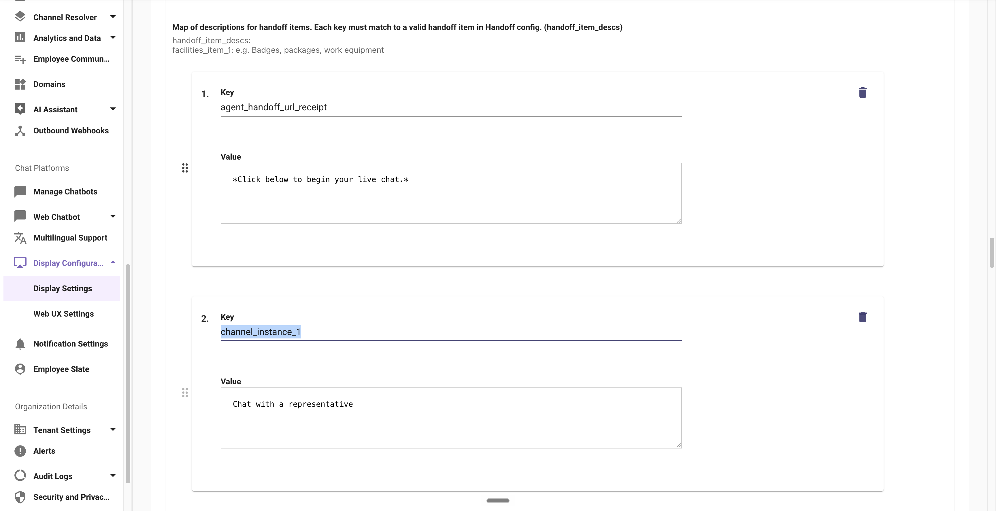 Display Settings descriptions for the handoff items