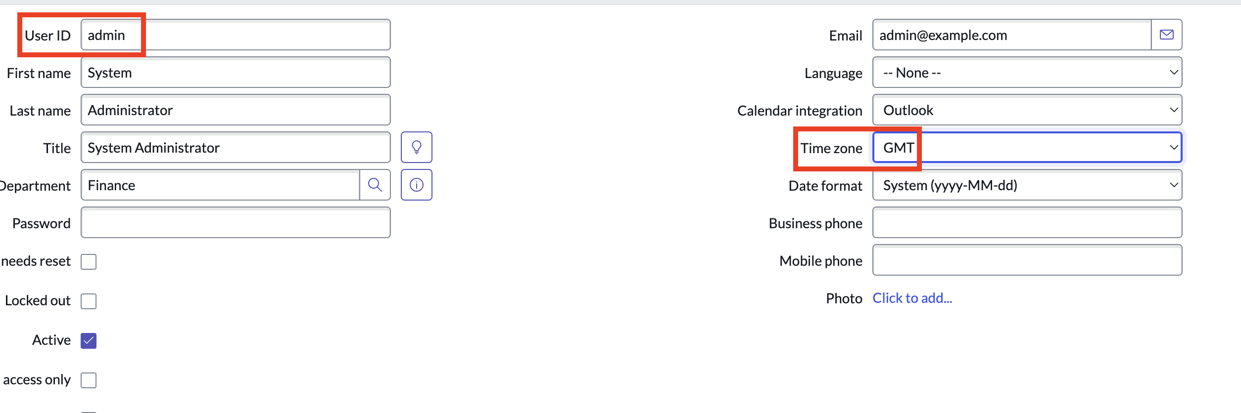 Admin user record with the Time zone field set to GMT
