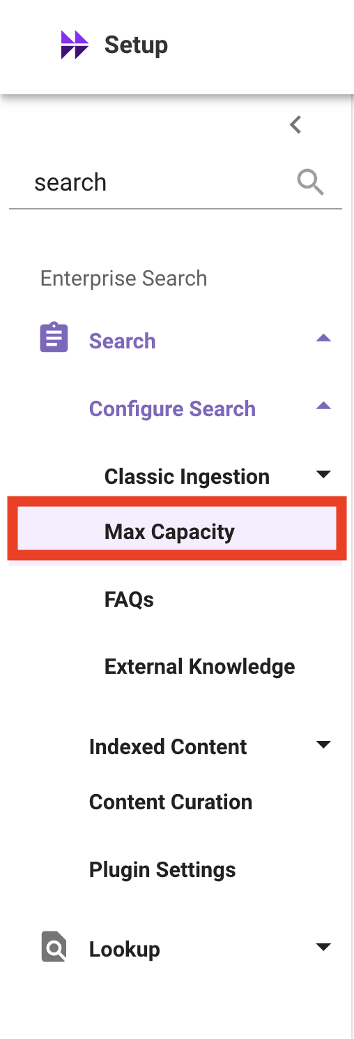 Max Capacity entry point under Search > Configure Search in Moveworks Setup