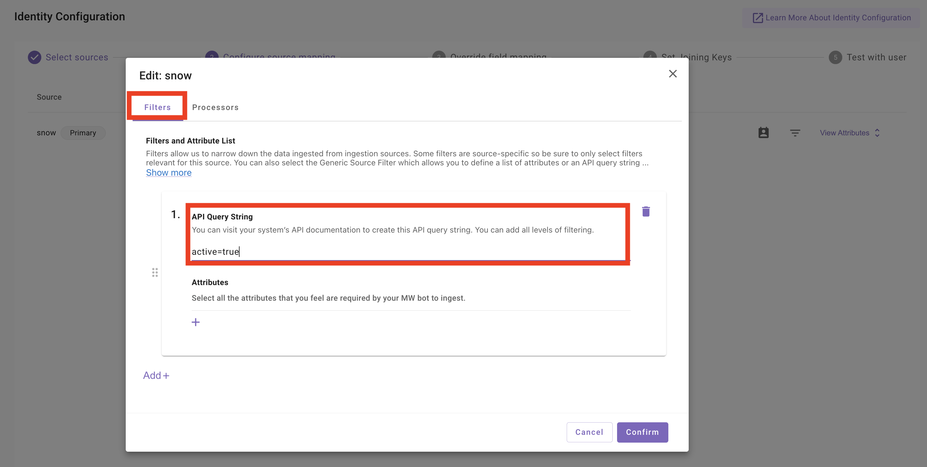 Filter dialog on the ServiceNow source with the API query string set to active=true