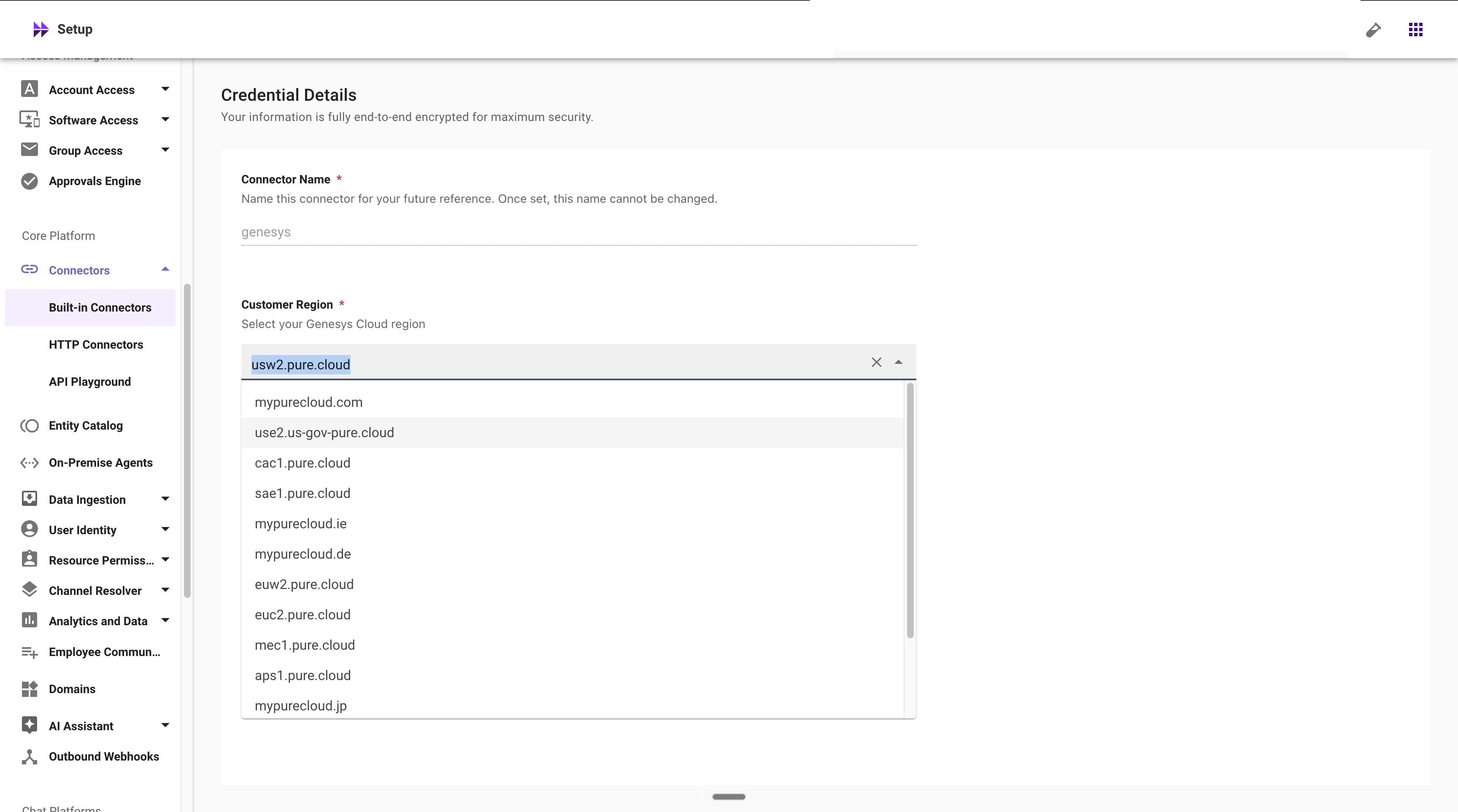 The Customer Region dropdown lists the Genesys Cloud regional hosts