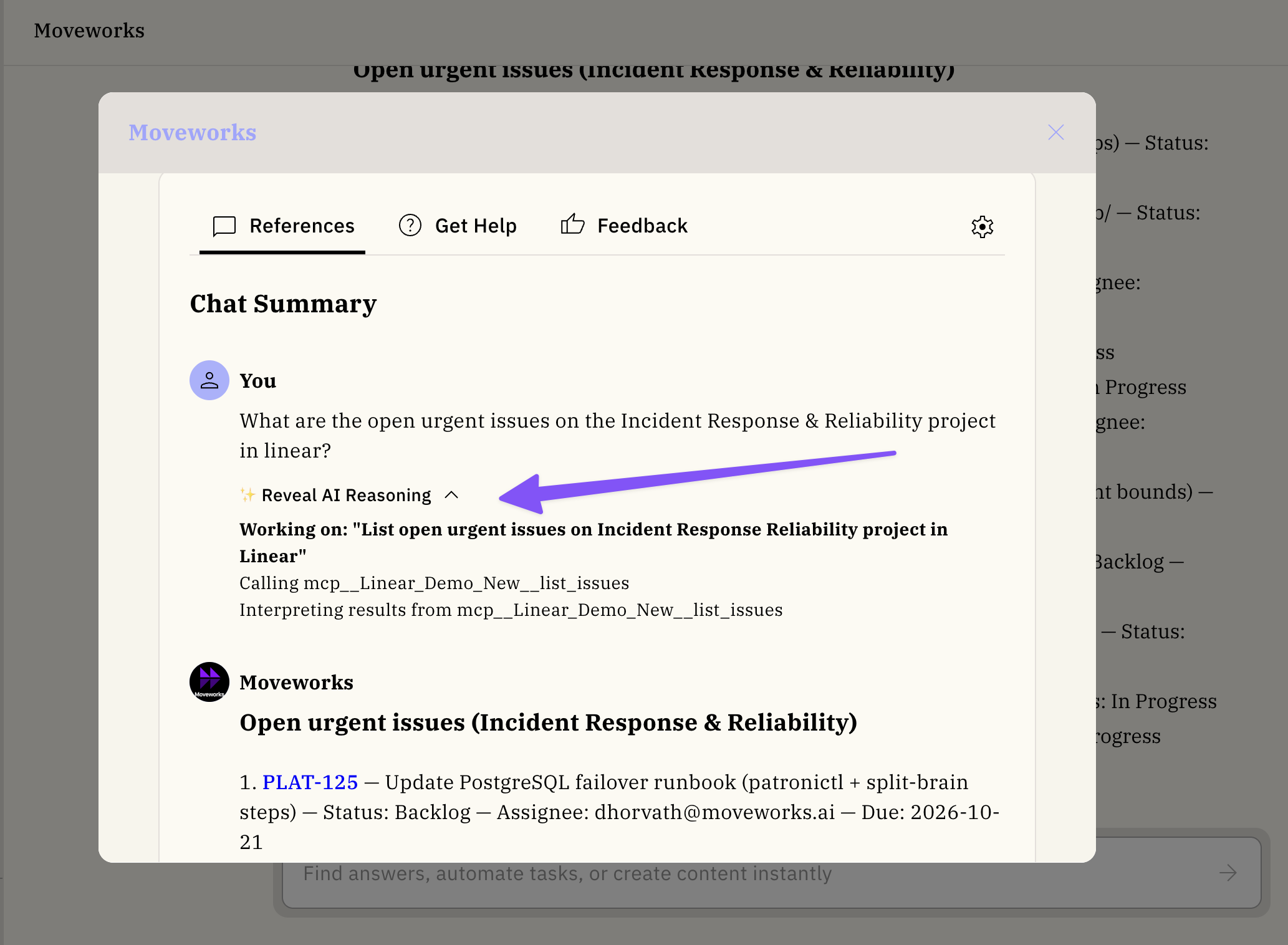 Reveal AI Reasoning panel showing an MCP tool call with an mcp__ prefix.