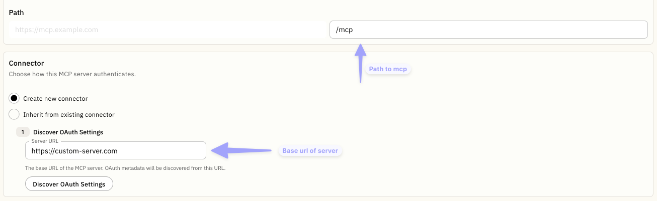 Custom Server form showing the MCP path, connector selection, and OAuth discovery server URL.