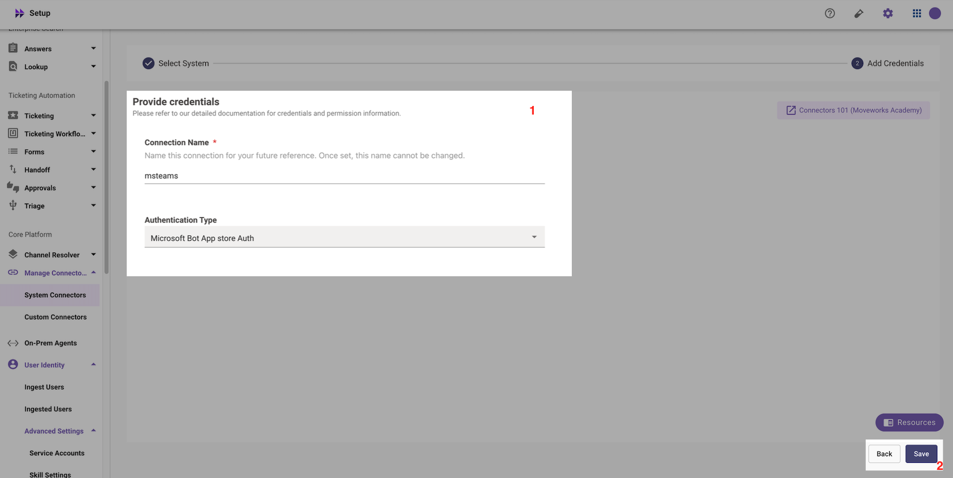 Credential Details with Microsoft Bot App Store Auth authentication type selected