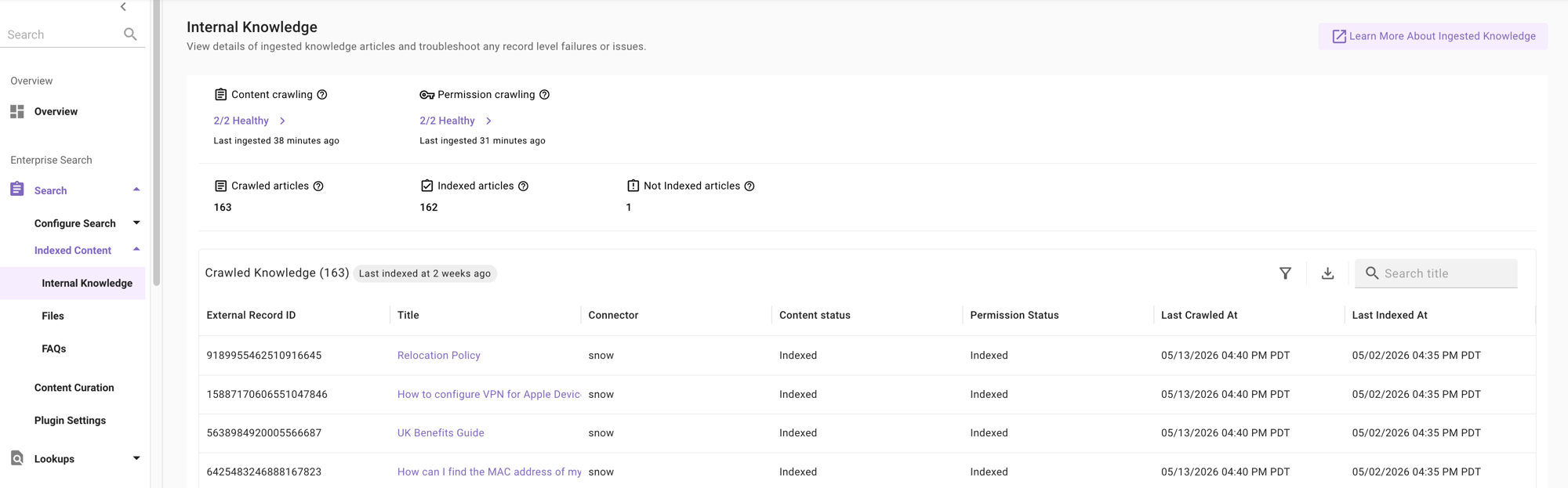 Internal Knowledge screen showing crawling health widgets, indexed article counts, and crawled records table