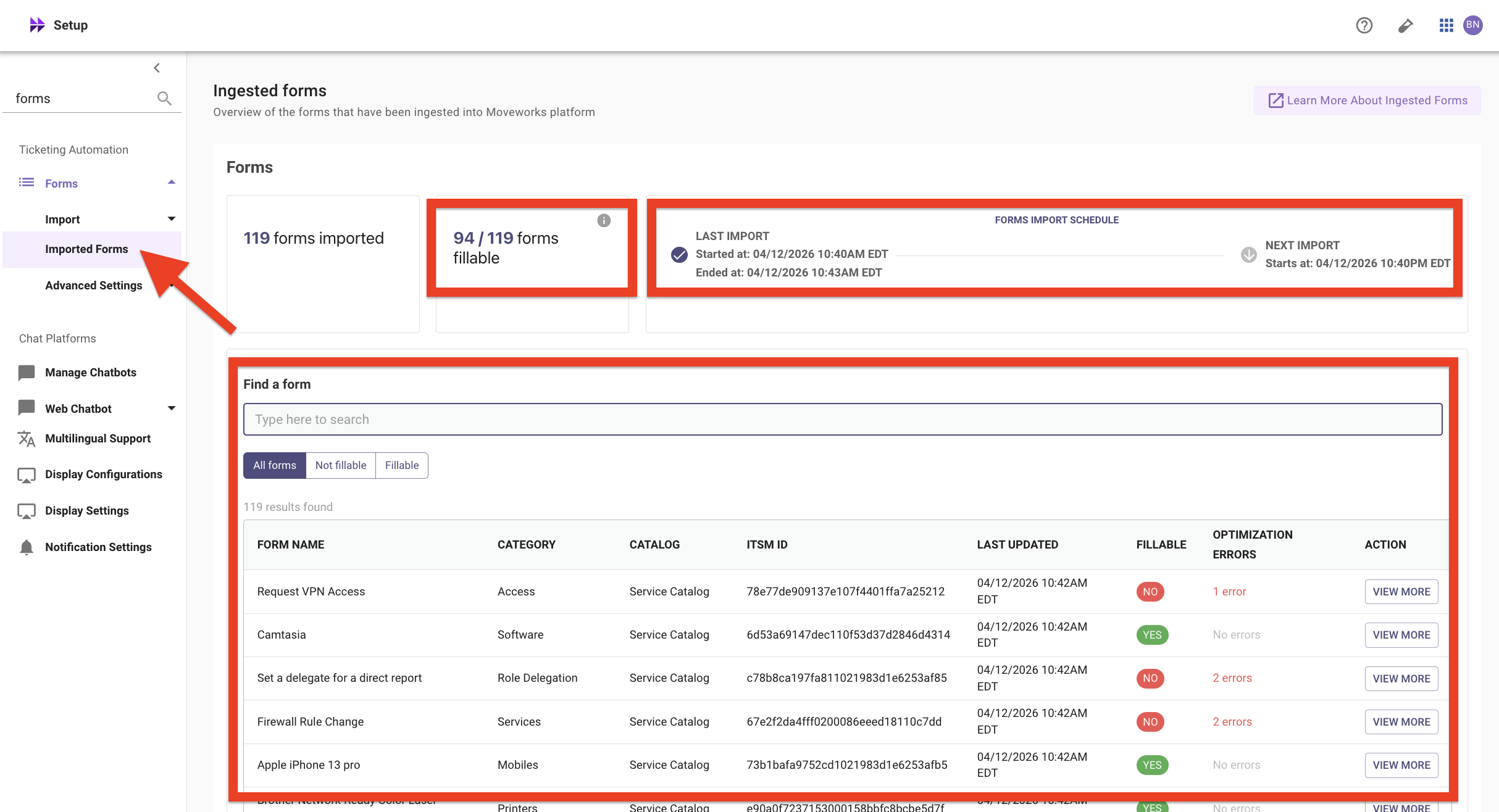 Ingested Forms page showing imported form counts, fillability, and import timestamps