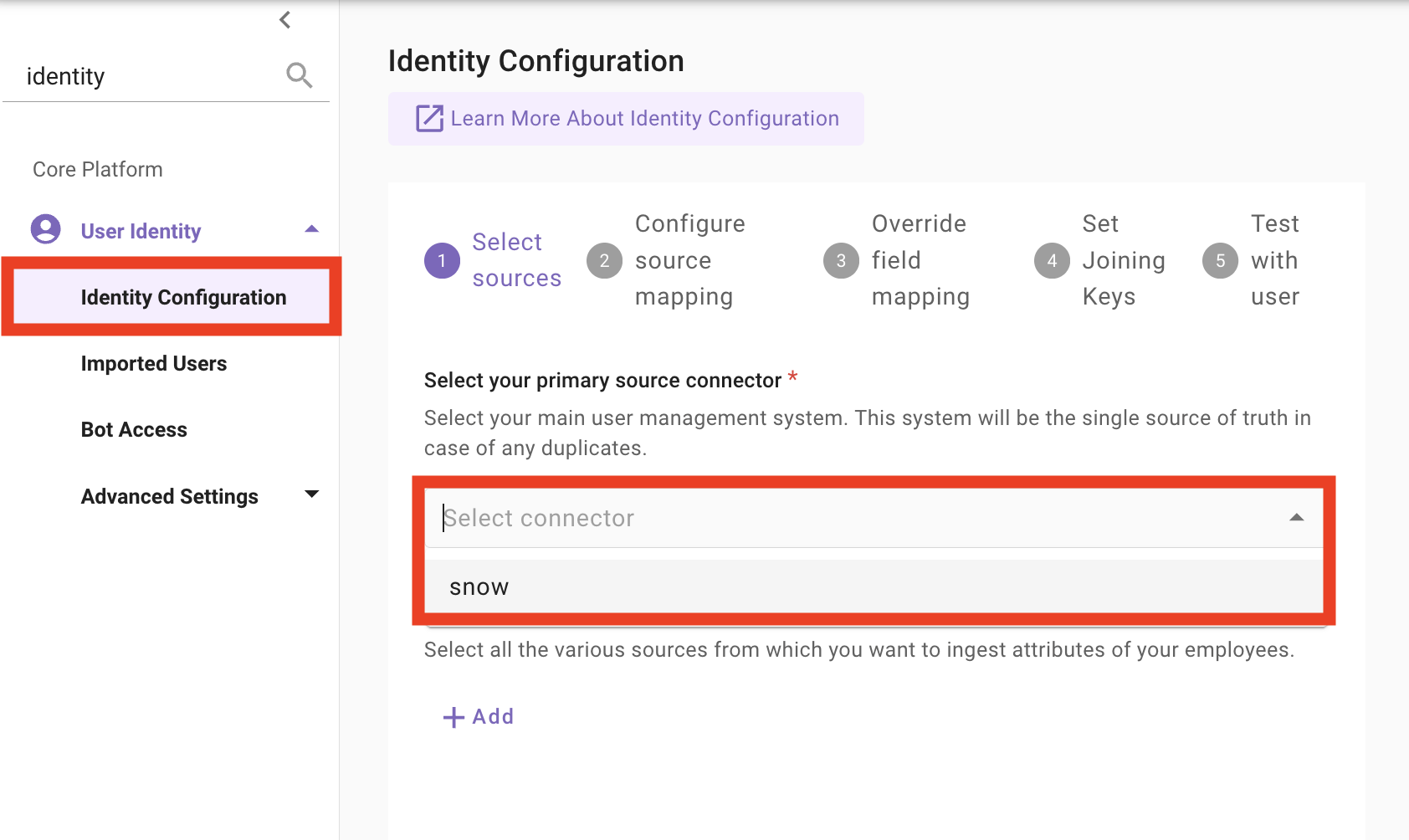 Identity Configuration wizard with the ServiceNow connector selected as the primary source