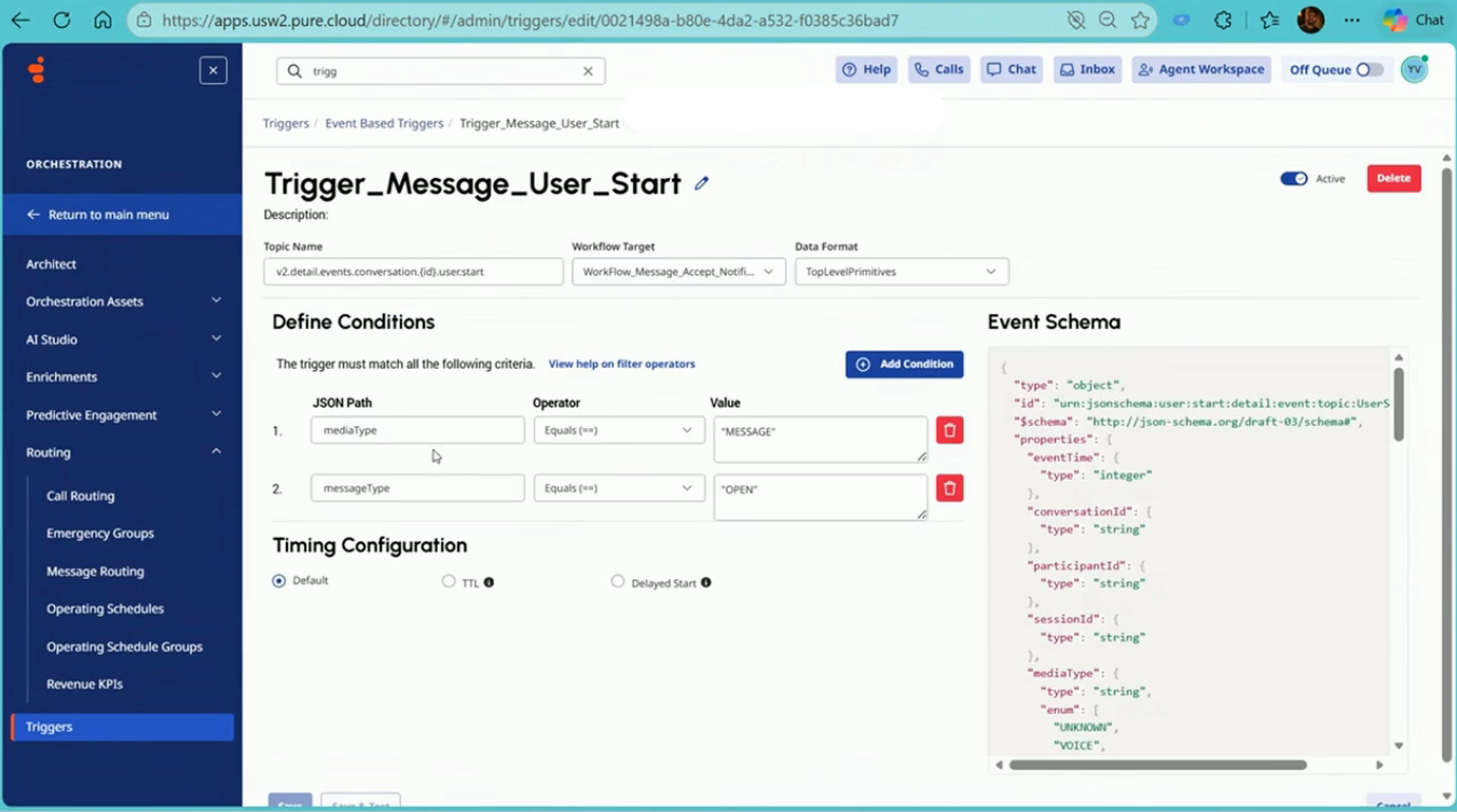 Agent-joined trigger: topic, workflow target, TopLevelPrimitives data format, and match conditions