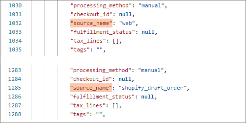 Fragments of incoming Shopify order json files with the source name specified