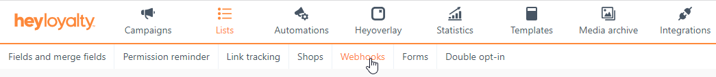 "Webhooks" subsection of a HeyLoyalty list
