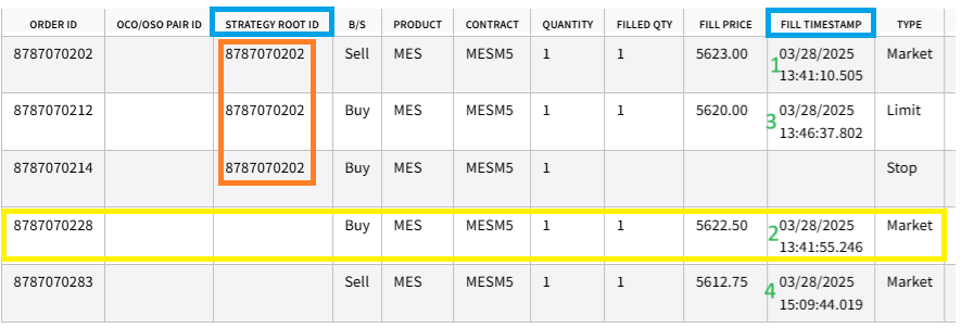 Orders Report showing fills, timestamps, and Strategy Root ID