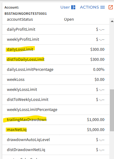 Account dashboard before trading, showing DLL and TMD configuration