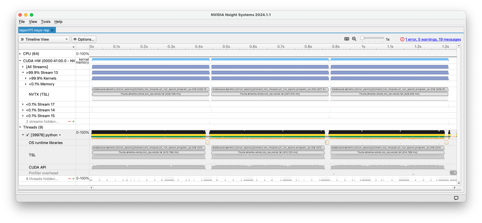 Nsight Systems GUI showing 3 iterations of the mnist_vae.py JAX example
