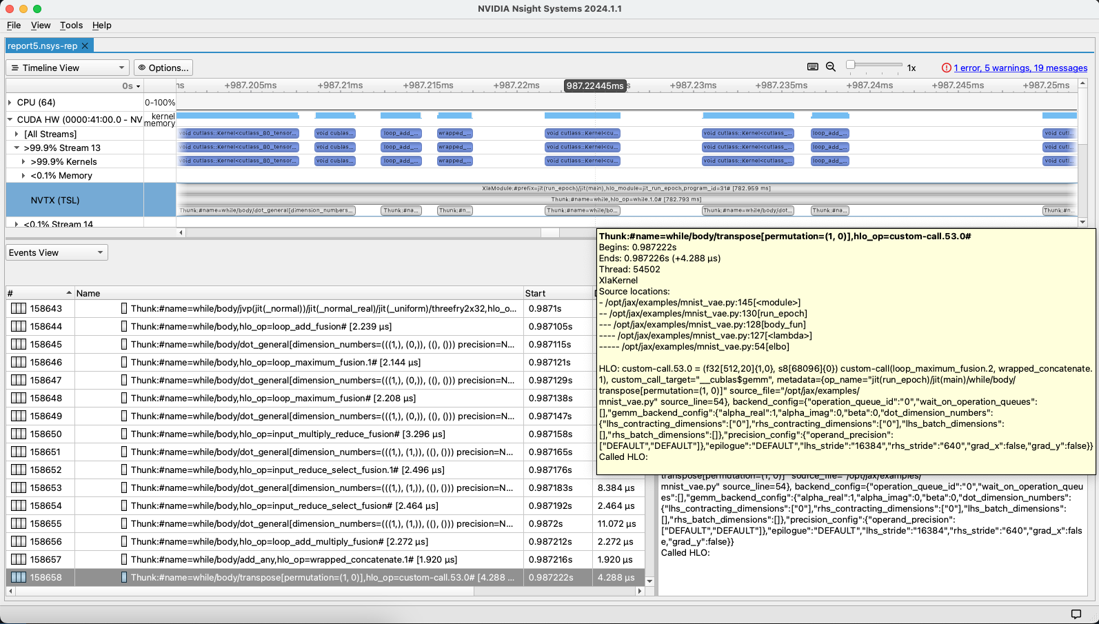 Nsight Systems GUI showing a tooltip, events view, and description