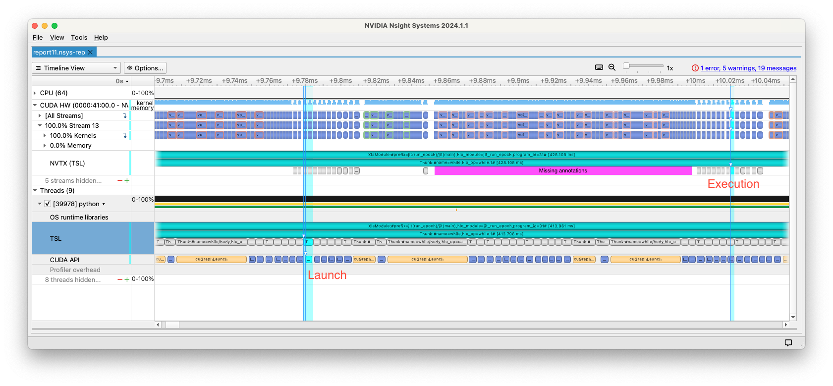 Nsight Systems GUI showing the launch latency of a particular kernel