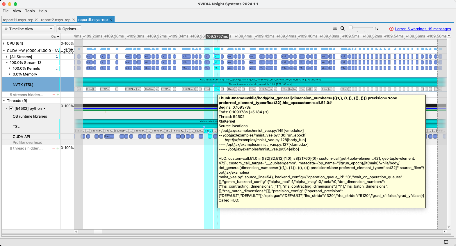 Nsight Systems GUI showing graph-free execution and a tool-tip