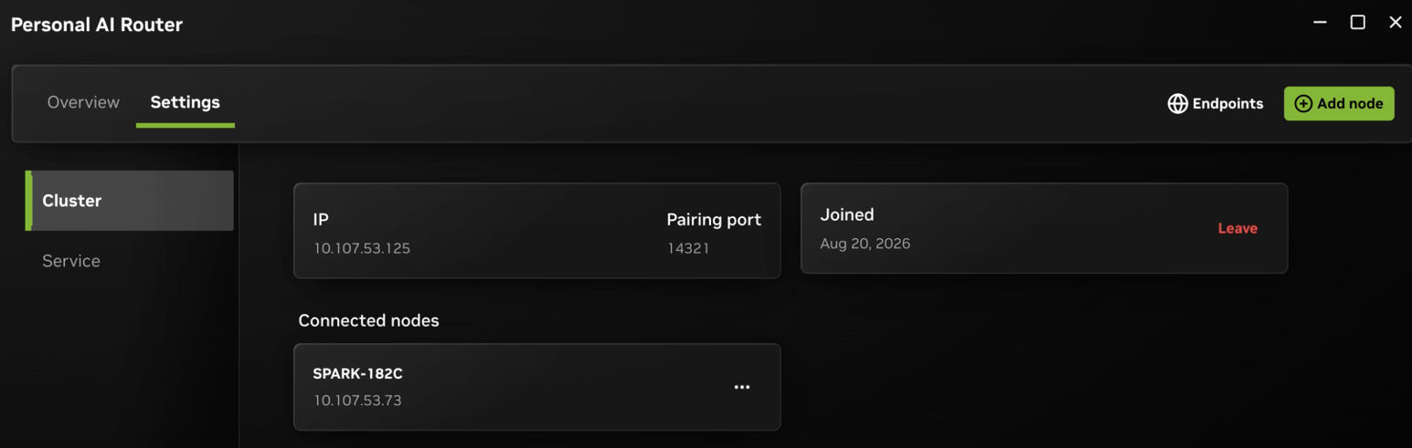 Settings > Cluster listing the paired machine under Connected nodes.