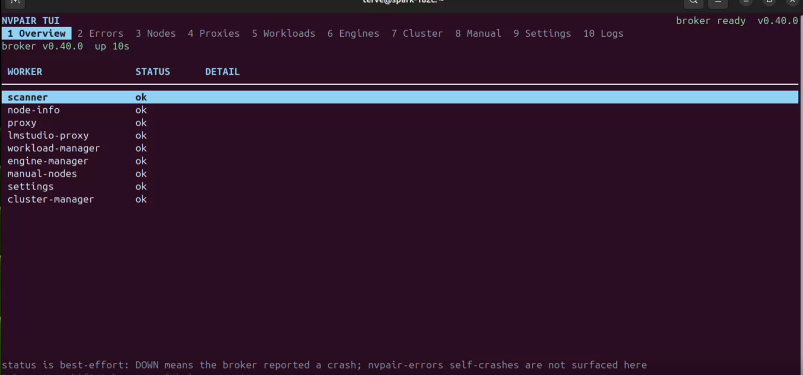 The terminal interface on the Overview tab, showing the header with broker ready, the numbered tab bar, the worker table, and the footer keys.