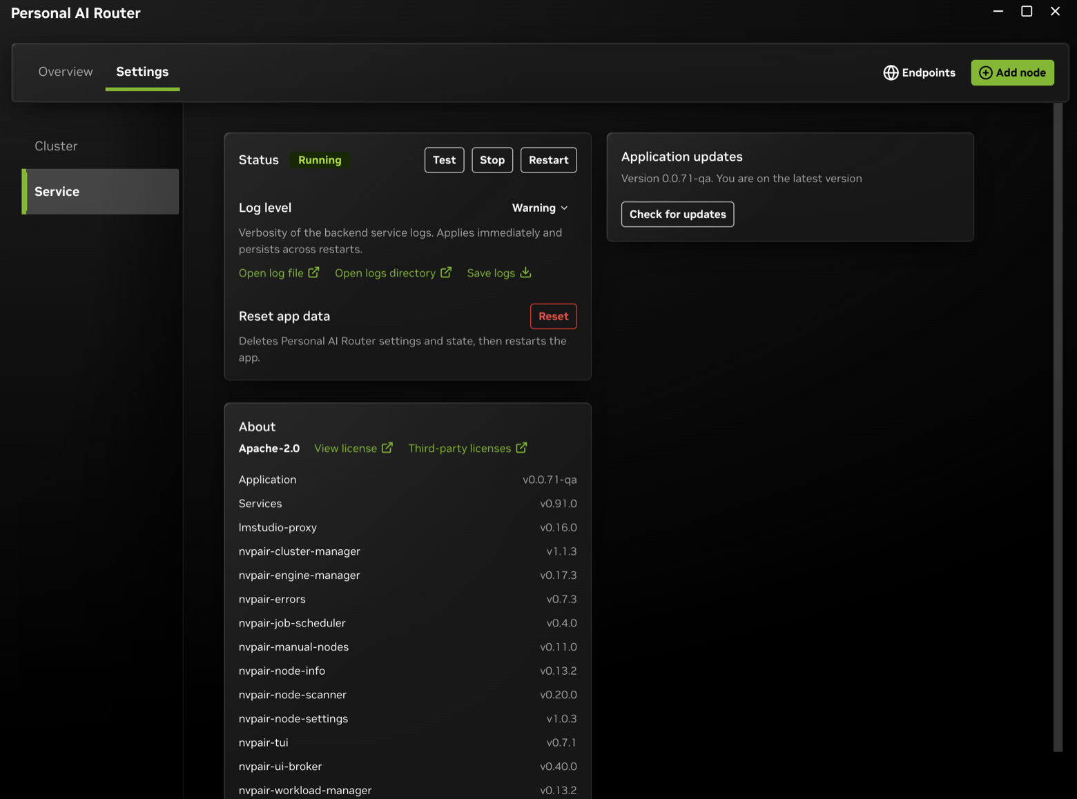 Settings > Service reporting a healthy service connection, the known nodes, and engine state.