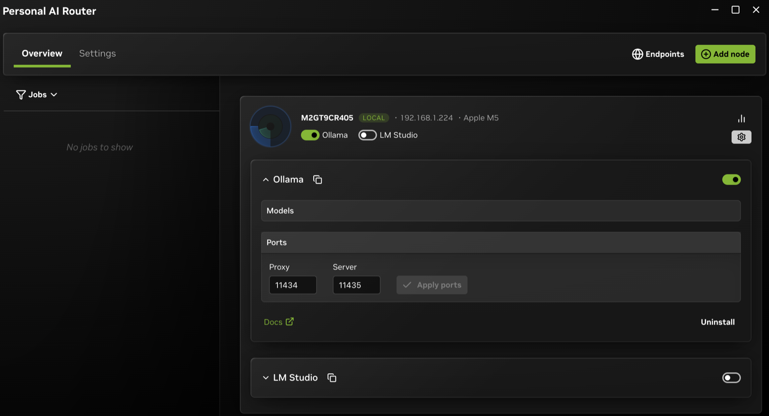 The Ports fields under Engine settings, showing the Proxy and Server ports and the Apply ports action.