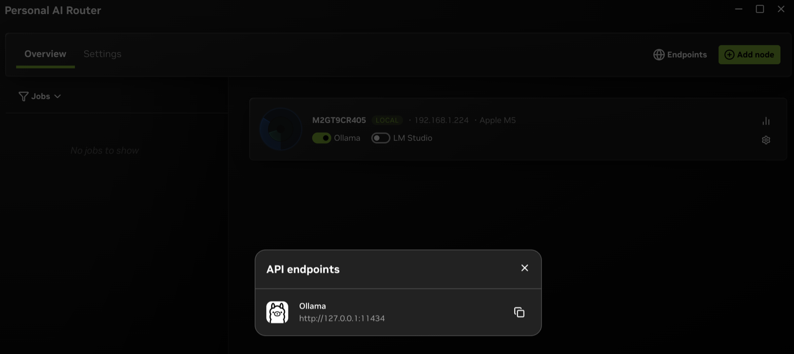 The API endpoints window listing a copyable local URL for each running engine.