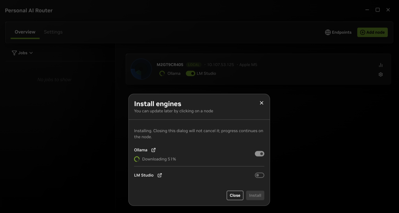 The Install engines dialog with Ollama downloading, reporting progress as it installs.