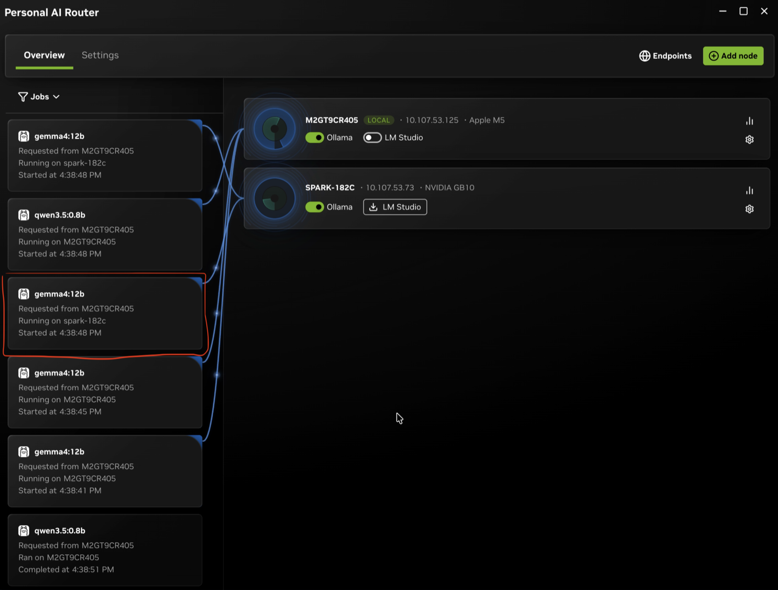 A job card under the Jobs filter naming the node that served the request.