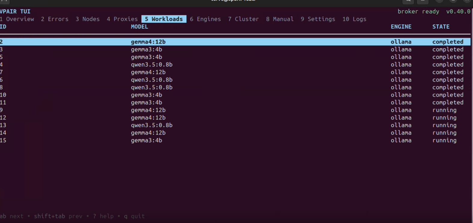 The terminal interface Workloads tab listing live inference workloads with model, engine, state, and age.