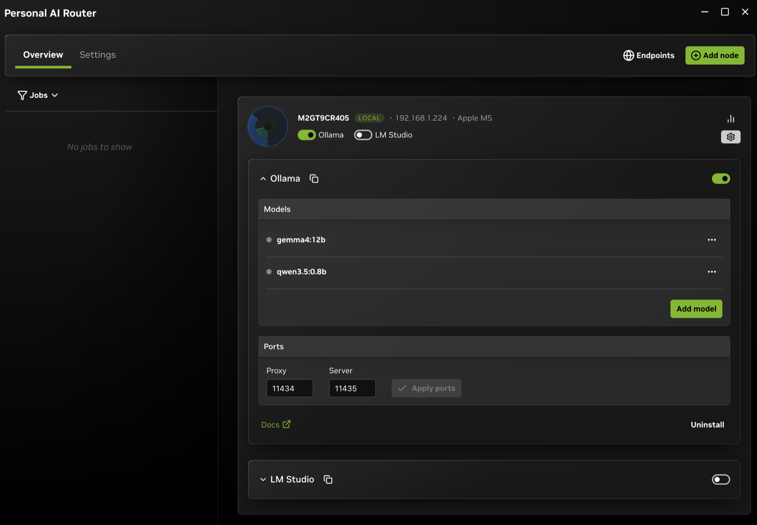 A node card with Engine settings expanded, showing the engine's install state, its start switch, and its port.