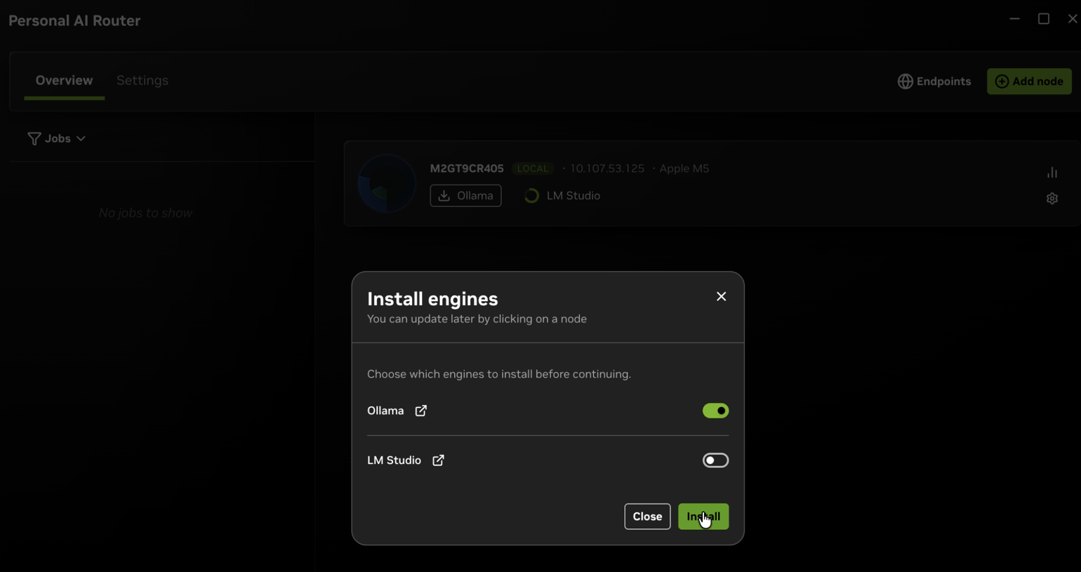PAIR's first-run setup window listing the available inference engines, with Ollama selected.