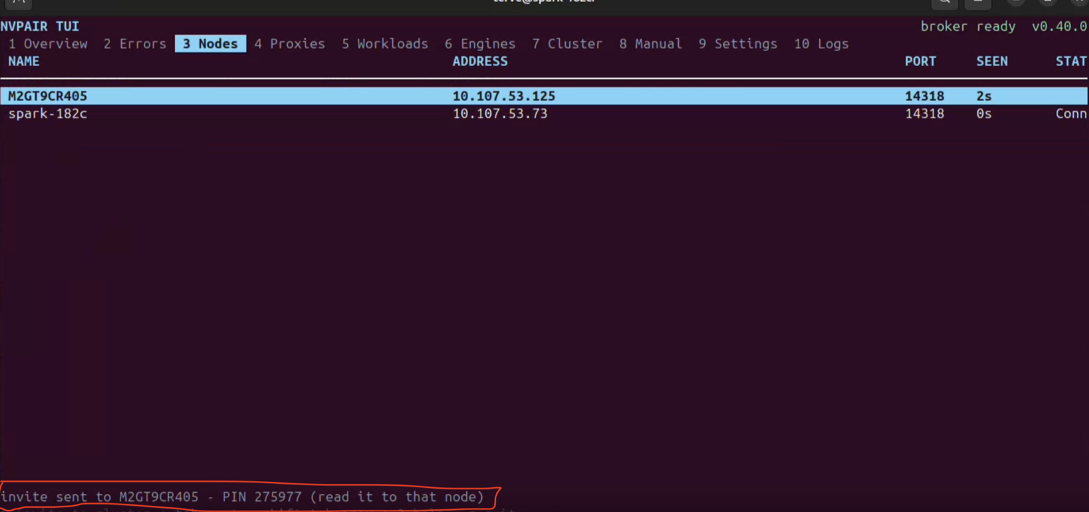 The terminal interface Nodes tab with a discovered machine selected and the pairing PIN on the status line.