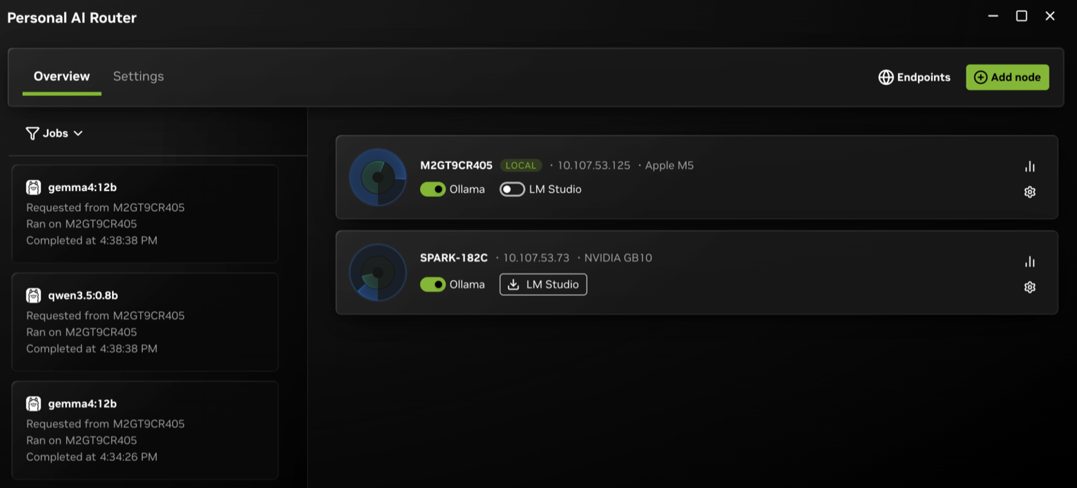PAIR's Overview on a two-machine cluster, listing both node cards beside the jobs that ran across them.