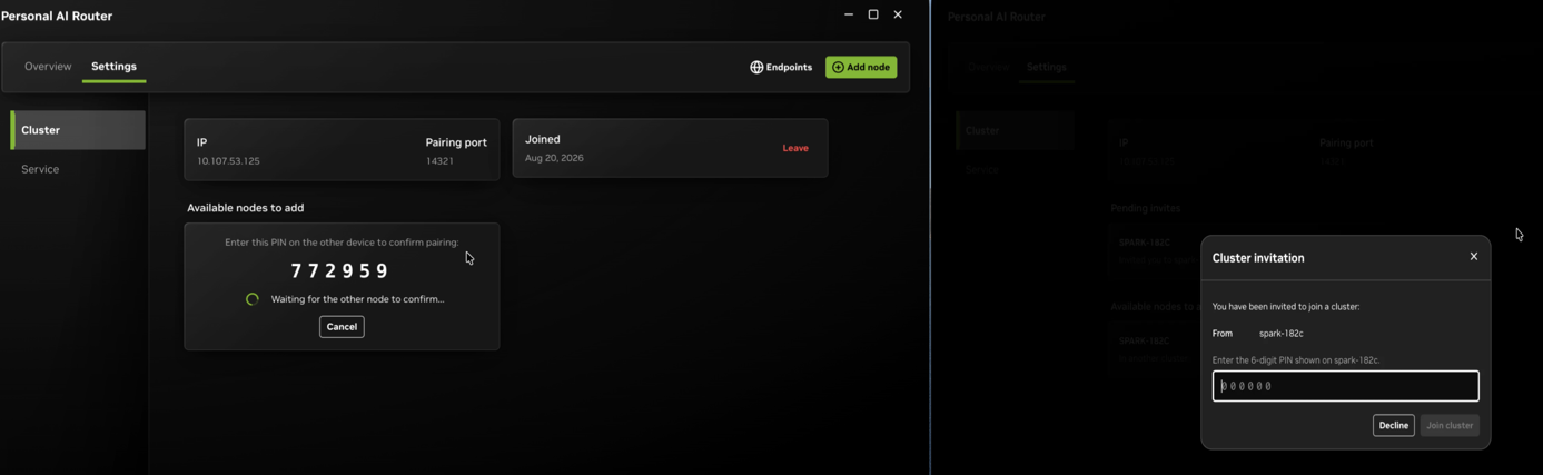 The six-digit pairing PIN on the inviting system beside the Cluster invitation modal on the invited system.