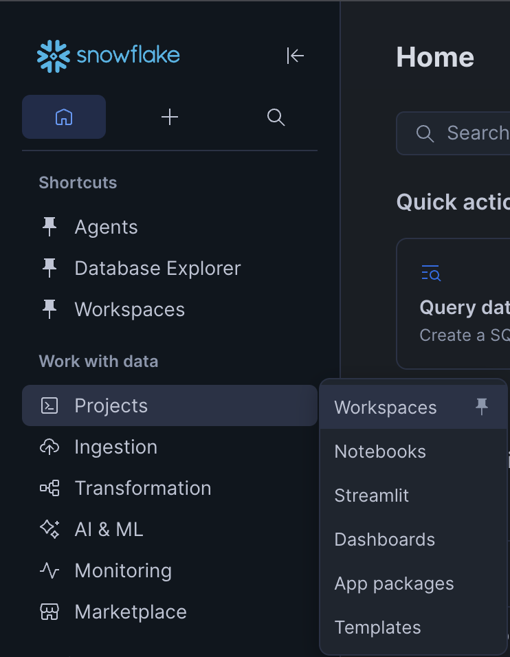 Snowflake sidebar showing Projects > Workspaces