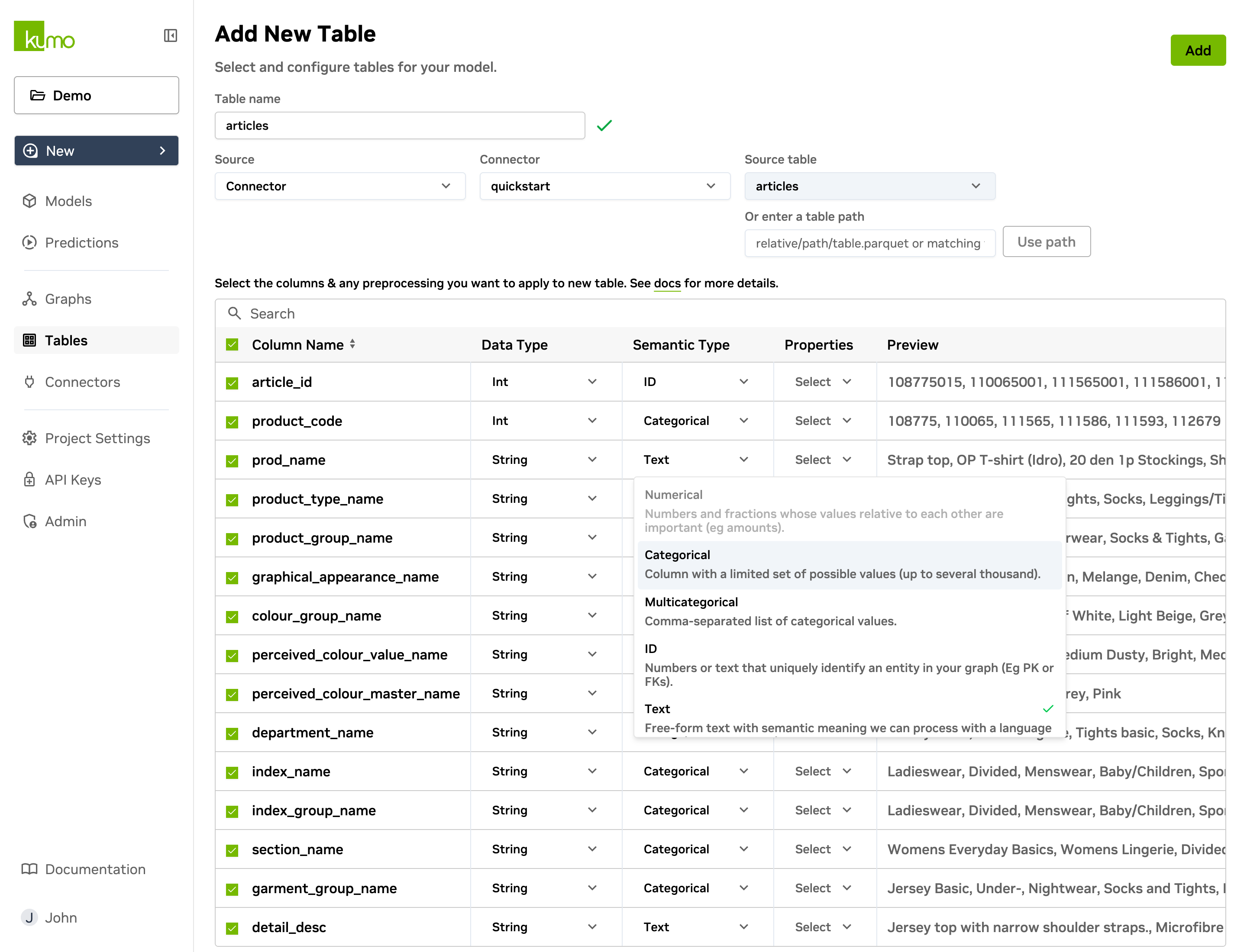 Column configuration for the articles table, with the Semantic Type dropdown open showing the supported column types