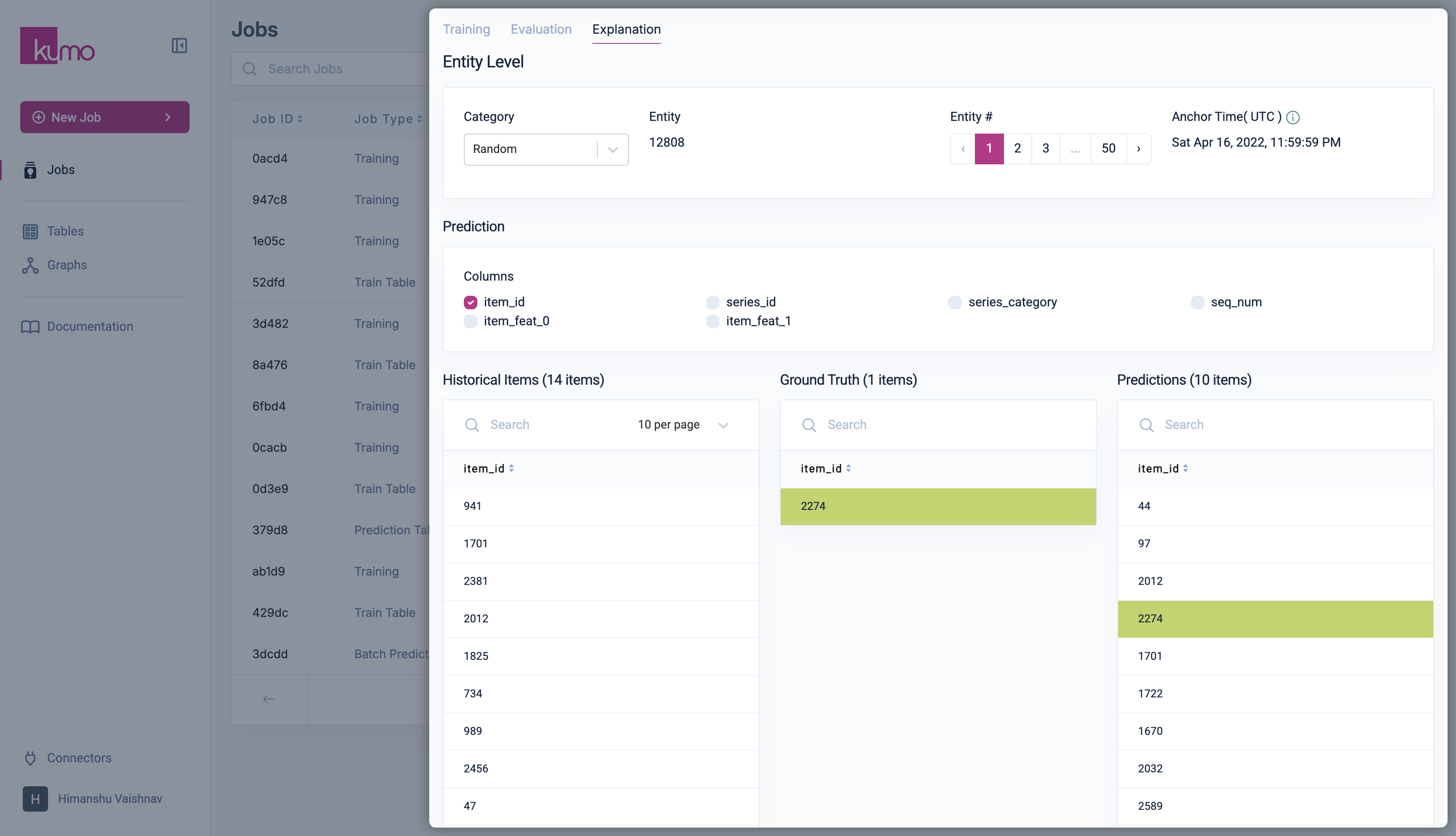 Explainability tab showing entity-level predictions and subgraph visualization