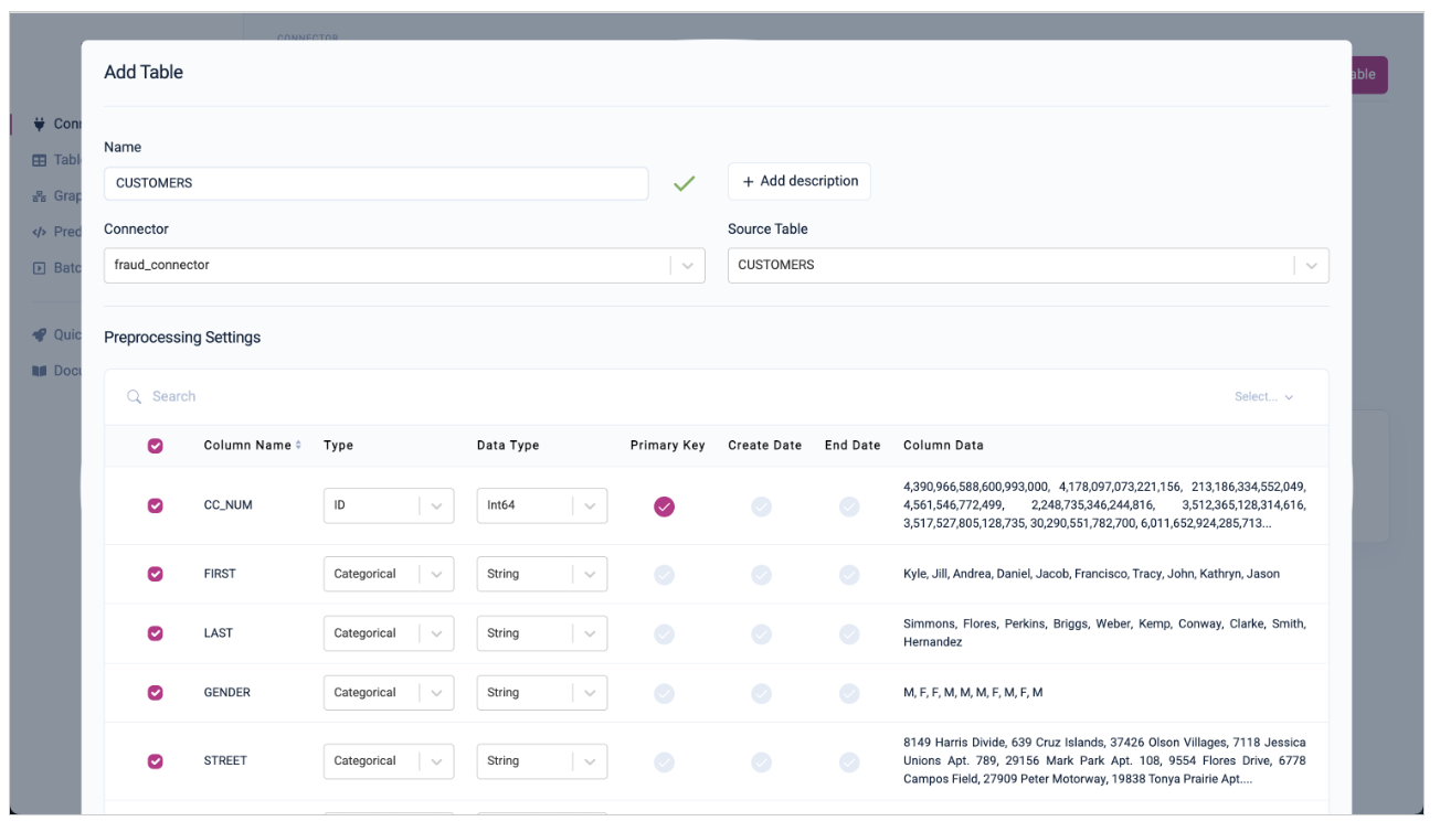 Tables overview page showing registered data tables