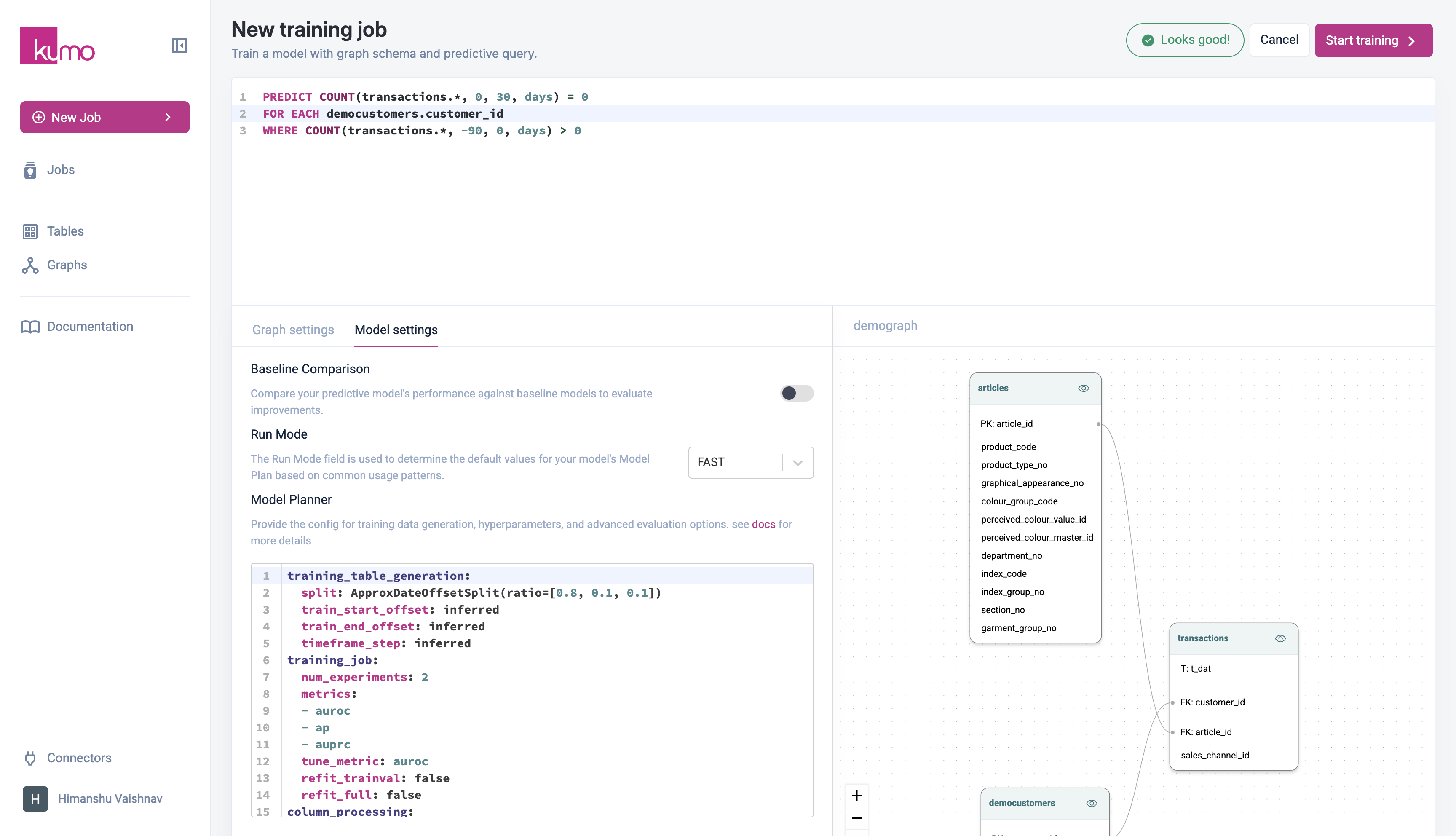 Model Training page with a completed Predictive Query entered