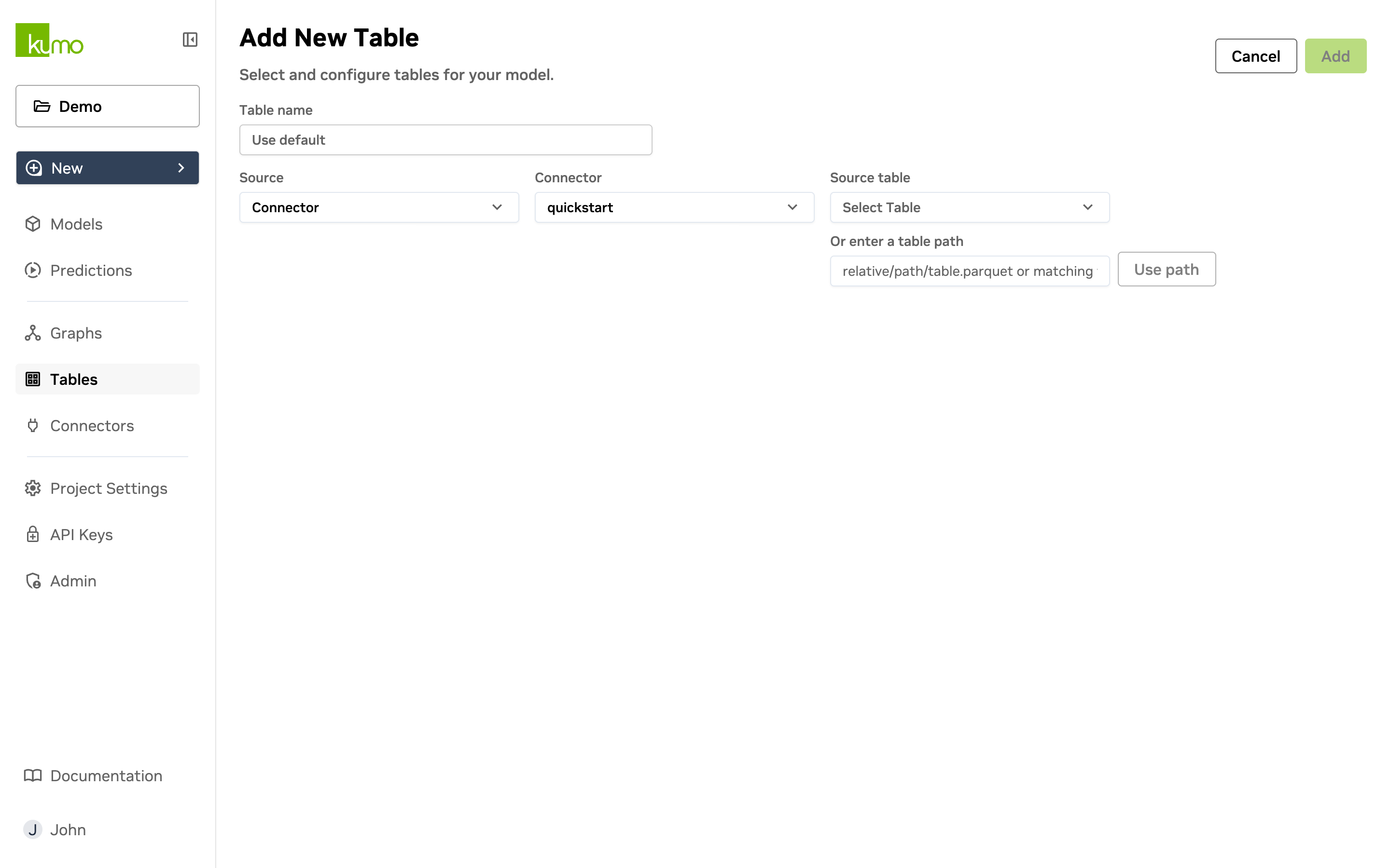 Add New Table page with Connector selected as the source and a connector chosen